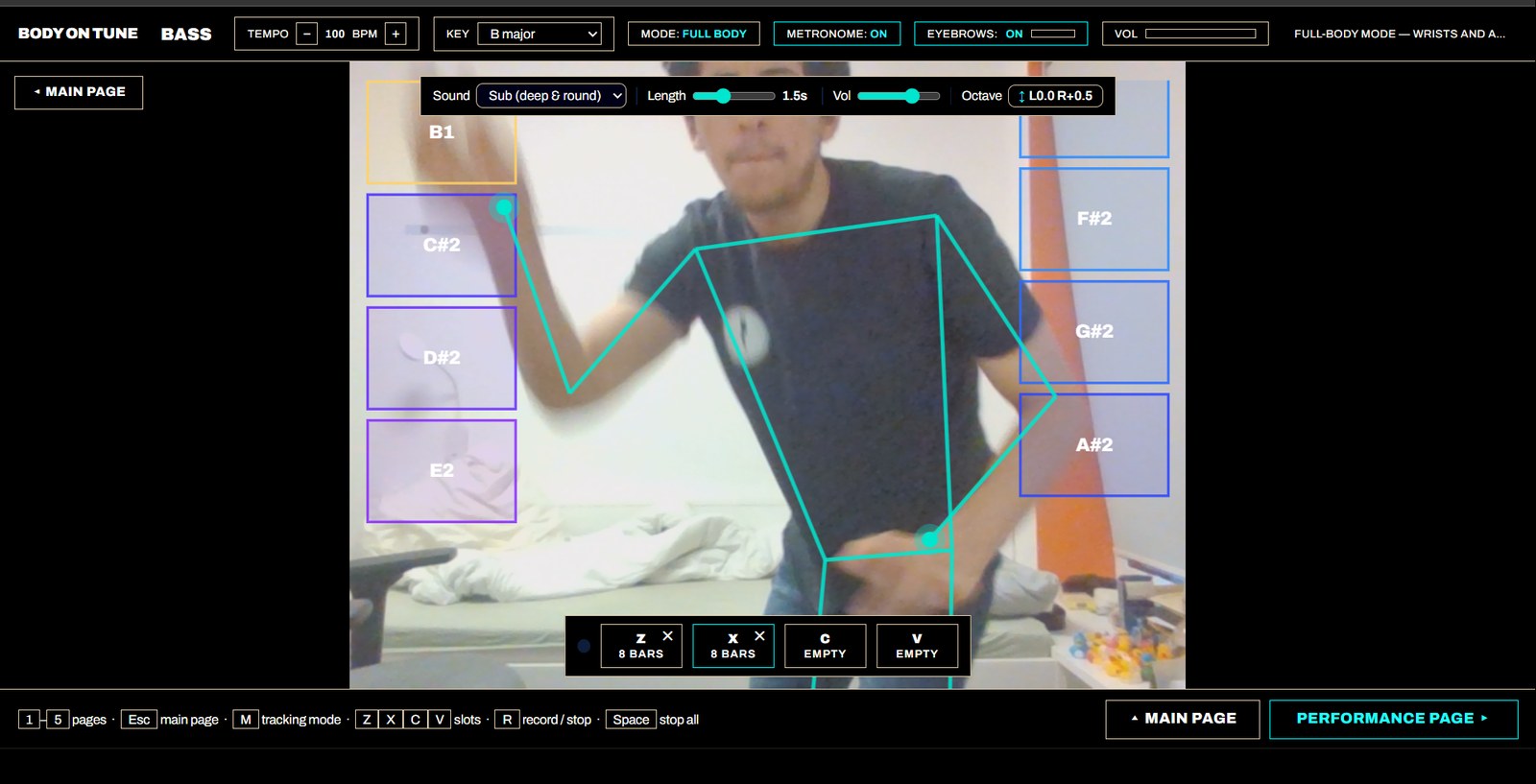 Full body tracking mode: note zones triggered by wrists and feet.