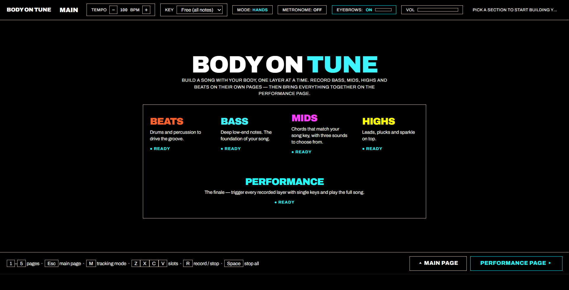 Body On Tune main page showing four numbered layer sections: bass, mids, highs and beats, plus a performance page.