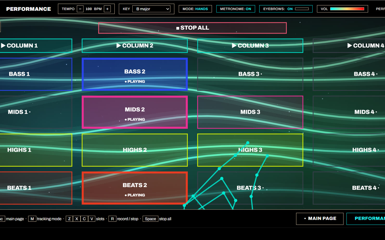 Body On Tune — recorded layers over a generative colour field, played with a tracked hand