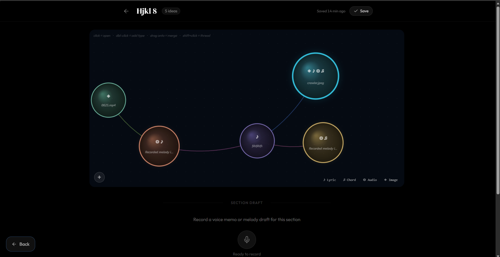 Inside a bubble — connect related bubbles and develop one part with chords, images, recordings, lyrics