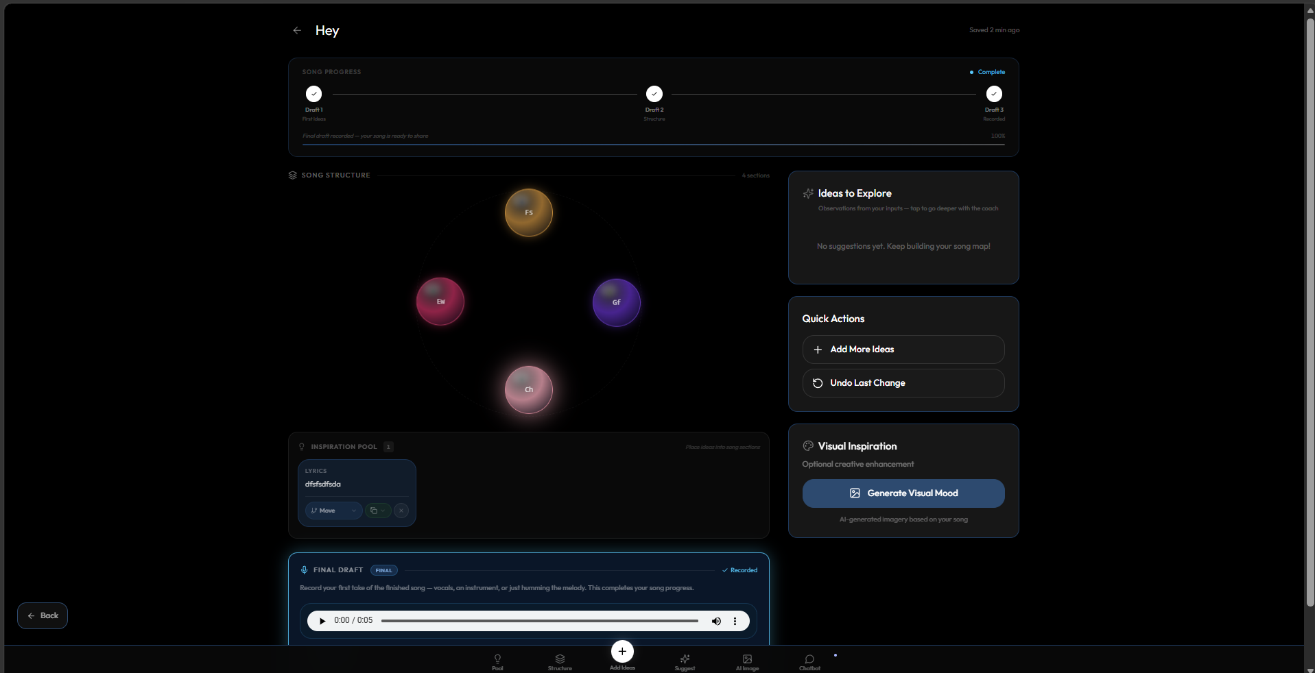 Main page — song progress bar, the bubble canvas, suggested ideas, final-draft recorder, AI song image