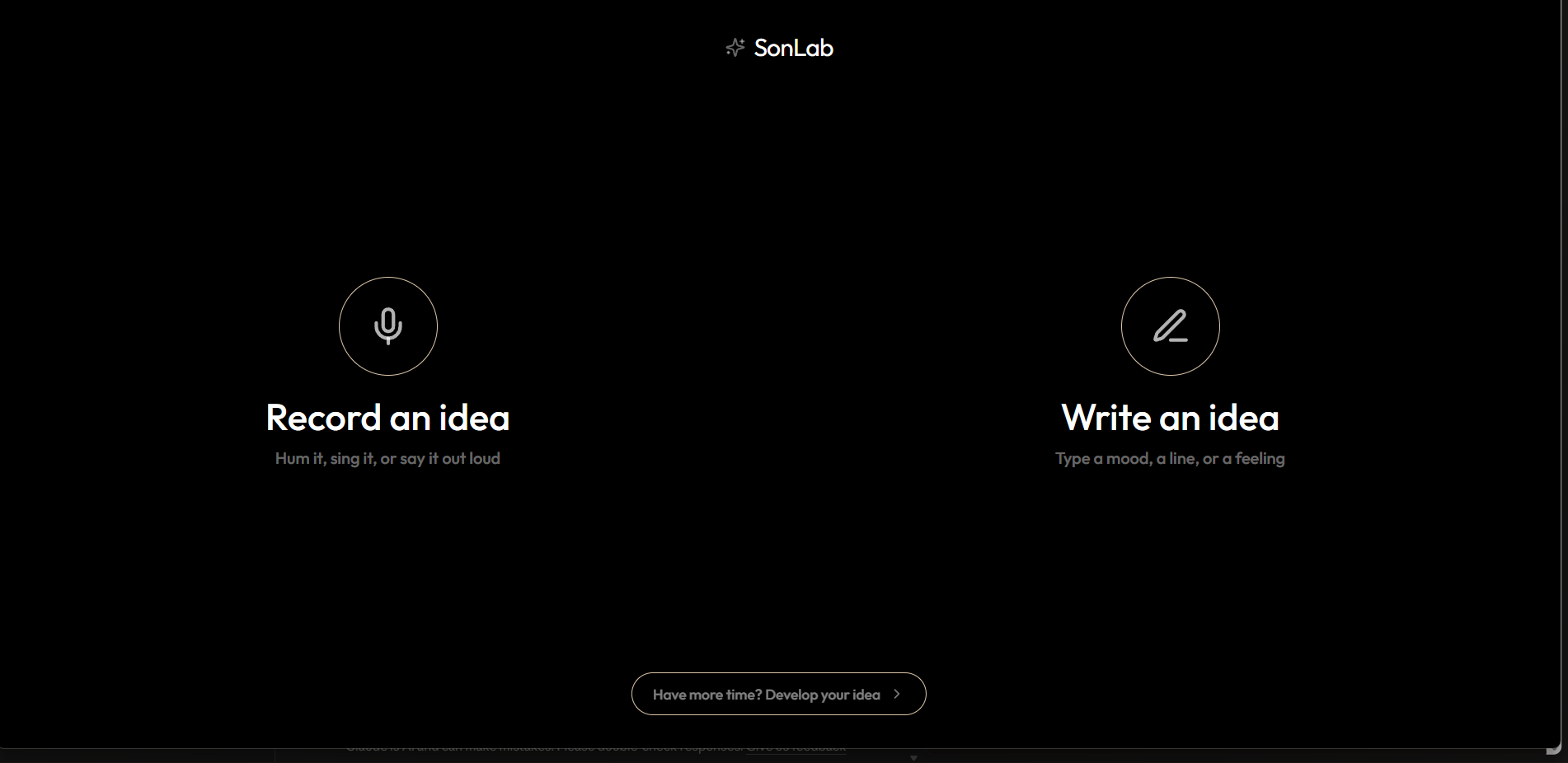 Start screen — split capture: record on the left, write a lyric on the right